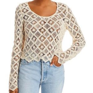 Aqua | Natural Beige Cotton Crochet Long Sleeve Top